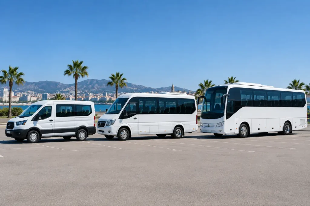 Microbús, minibús y midibús aparcados juntos para comparar su tamaño en Málaga
