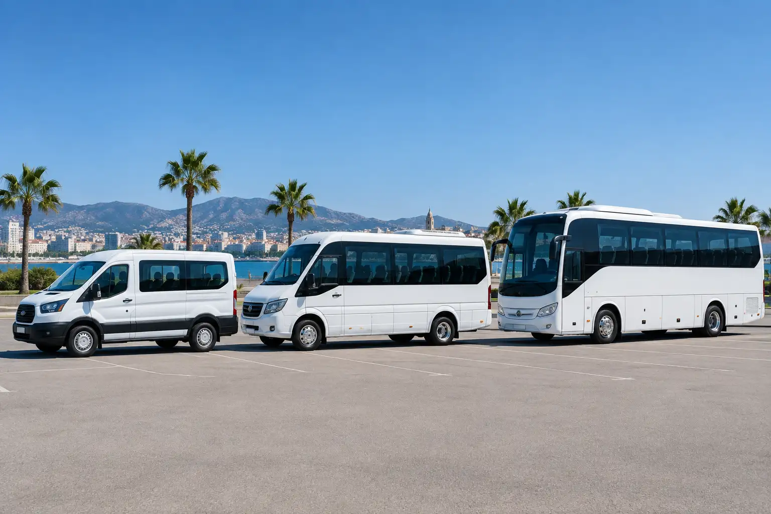 Microbús, minibús y midibús aparcados juntos para comparar su tamaño en Málaga