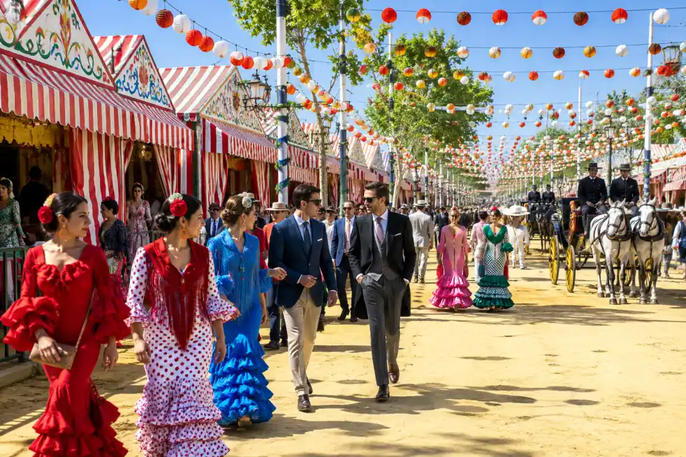 Calle del real de la Feria de Abril de Sevilla con casetas y farolillos