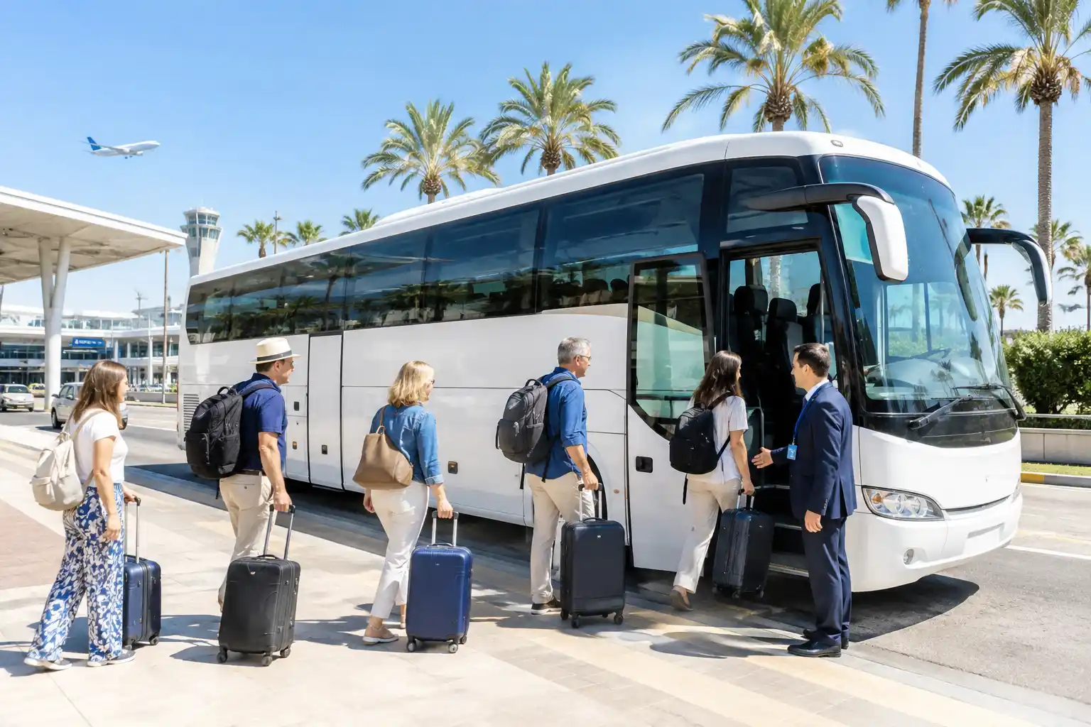 Autocar recogiendo a un grupo de turistas en el aeropuerto de Málaga