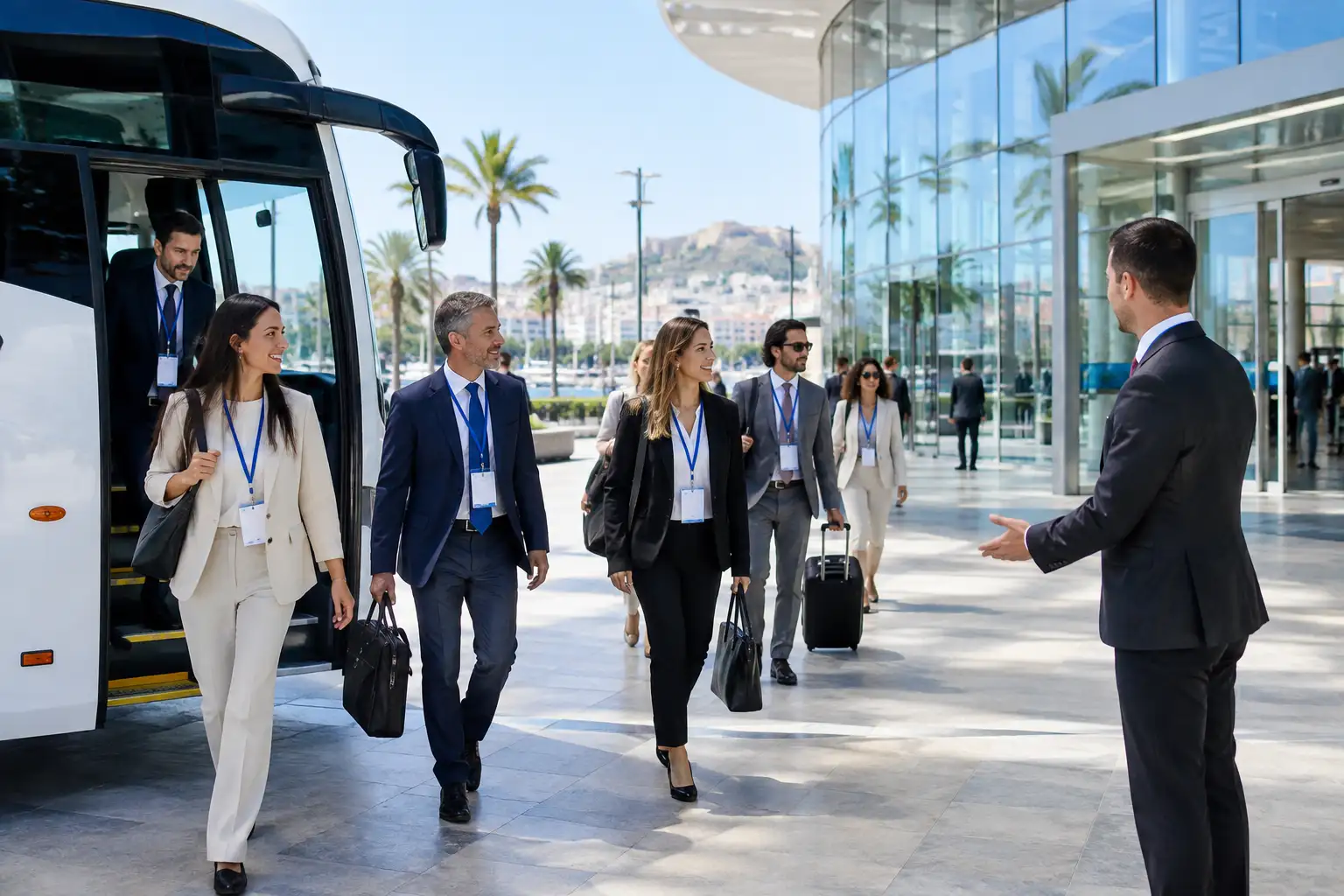 Asistentes a un congreso bajando de un autocar frente a un palacio de congresos en Málaga